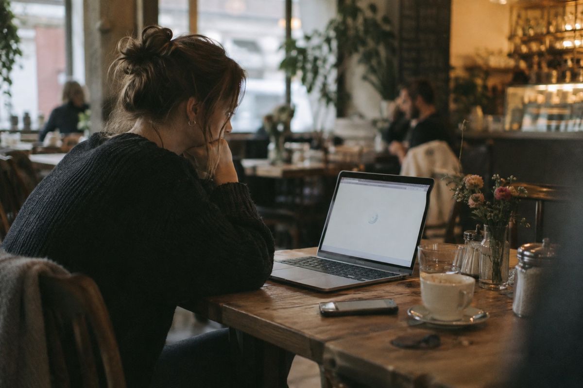 Eine Frau sitzt in einem Café vor einem Laptop, auf dem eine Seite noch lädt, und stützt nachdenklich das Kinn auf die Hand